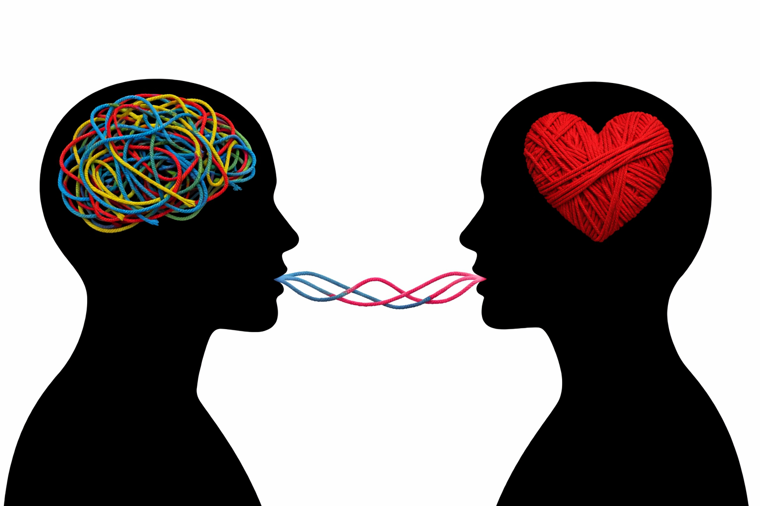 Individual Therapy in Calgary - Conscientia Counselling - Conscientia Counselling two humans one has tangled yarn in the space where the bran is and the other one has a heart made by yarn where the brain should be.